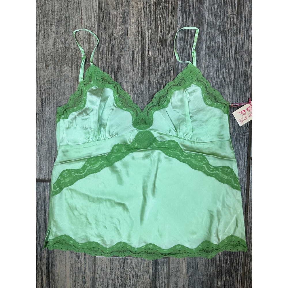 Large Gold Hawk Lime Sherbet Silk Cami Top Lace Trim Sleeveless Lingerie